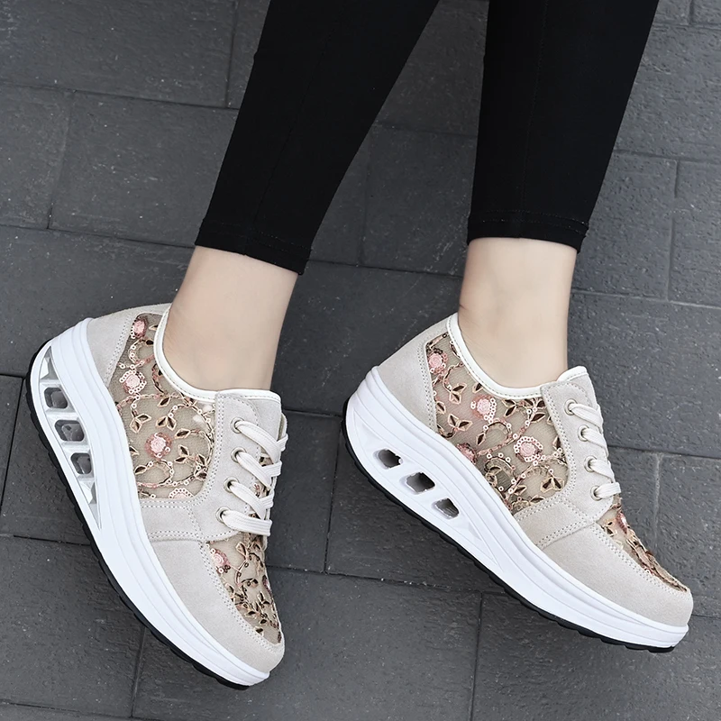 Lightweight Women Toning Shoes Lace Up Green Beige Ladies Slimming Flat Platform Swing Wedge Trainer Fitness Walking Sneaker