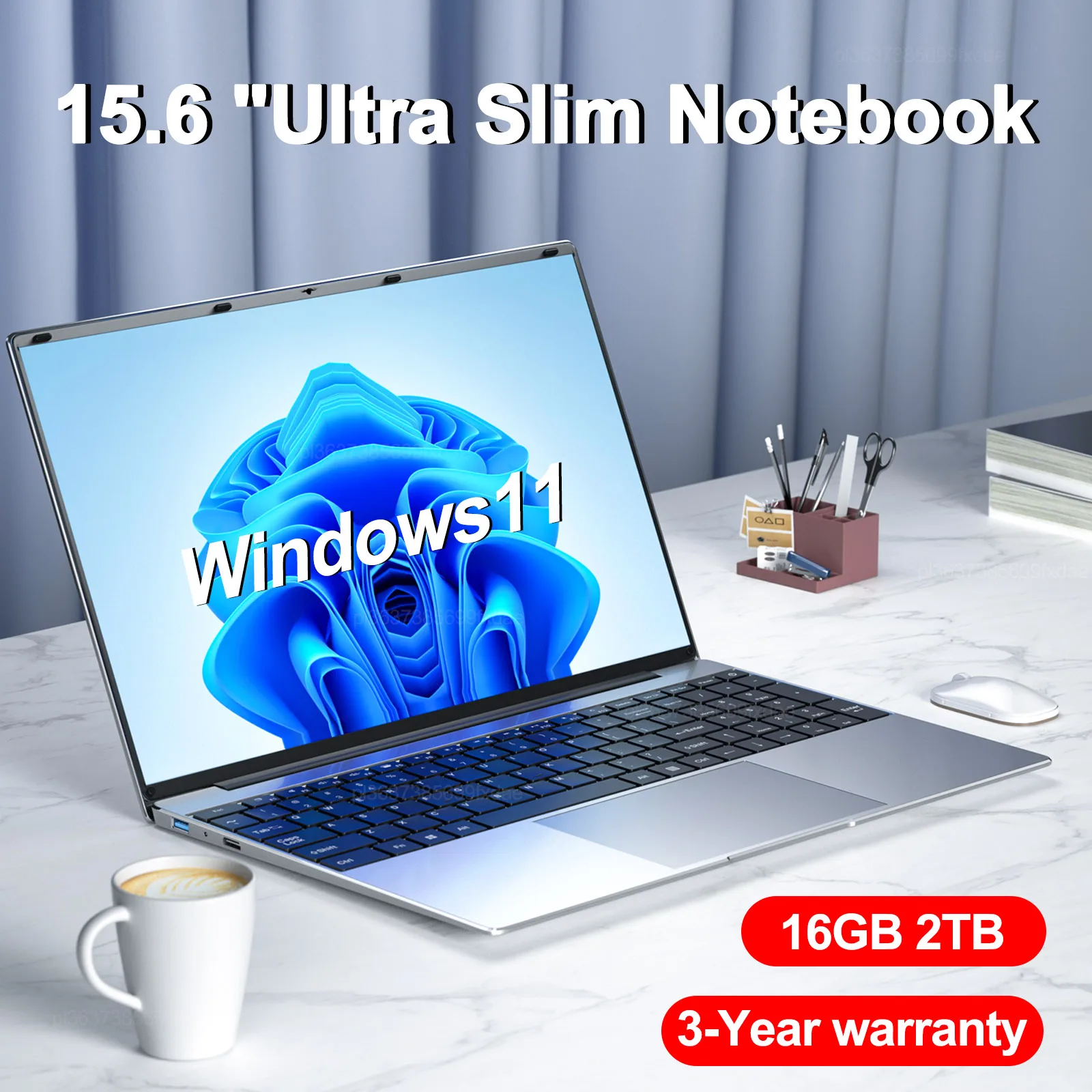 15.6" Ultra Slim Laptop 16GB RAM 2TB SSD Intel N3700 Windows 11 Pro Notebook Gamer  1920*1080  Display Office Study Computer PC 1