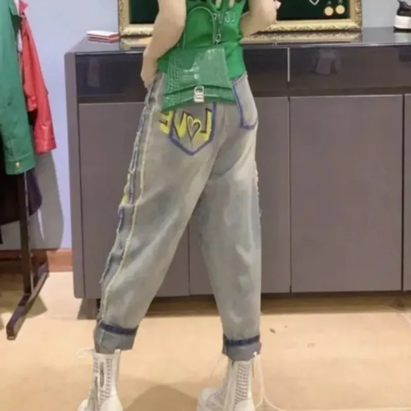 2024 Summer New Women's Fashion High Waist Button Zipper Printed Letter Versatile Loose Pocket Thin Straight Casual Harlan Jeans