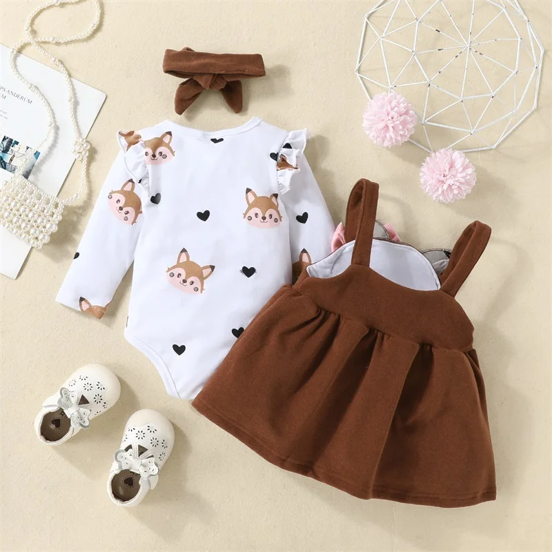 

Infant Baby Girls Autumn Outfits Long Sleeve Ruffle Romper And Fox Print Suspender Skirt Headband 3 Piece Sets