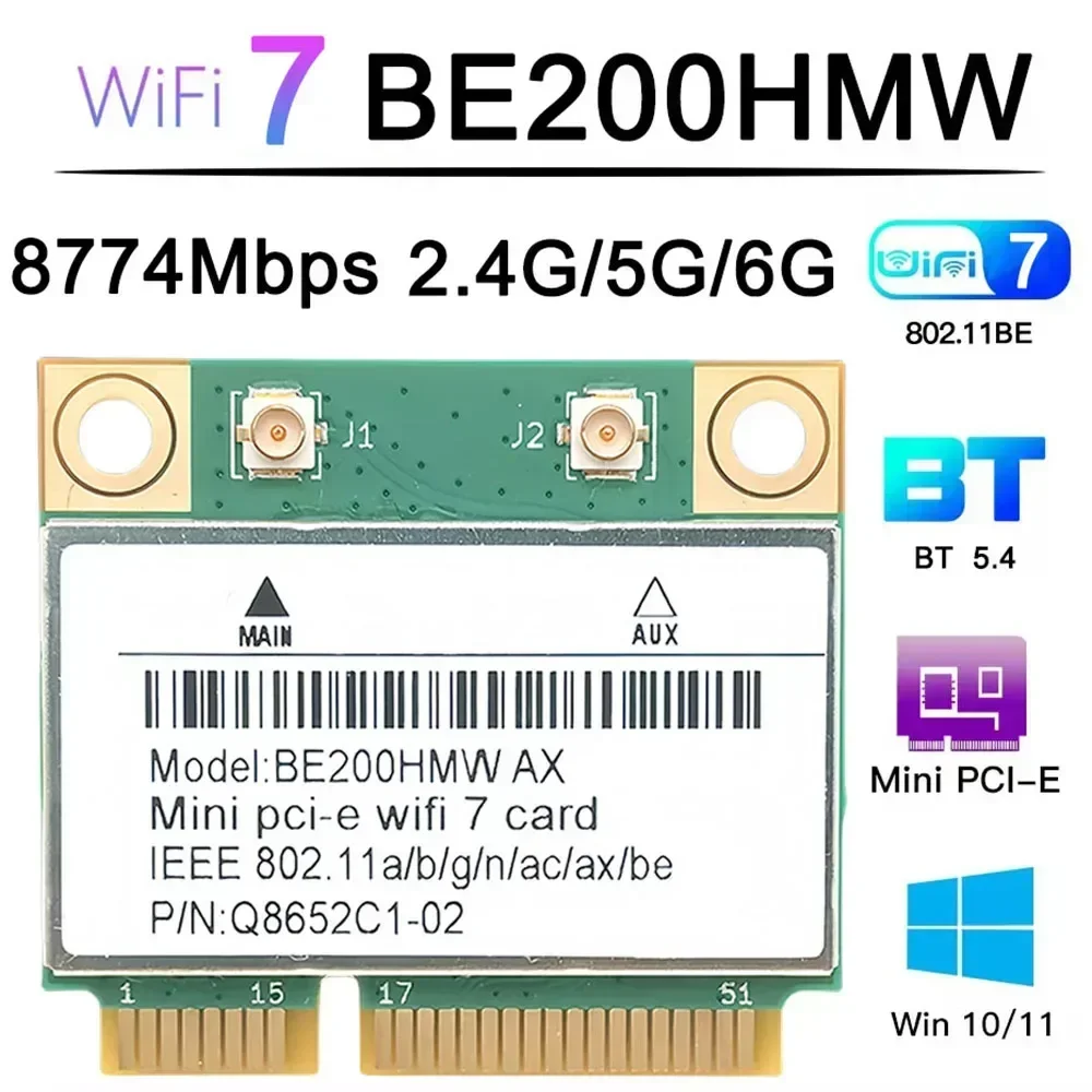 WiFi network card wireless network card network card WiFi 7 Mini PCI-E BE200 BE200HMW 8774Mbps 2.4G/5G/6Ghz for Bluetooth 5.4 802.11BE for laptop