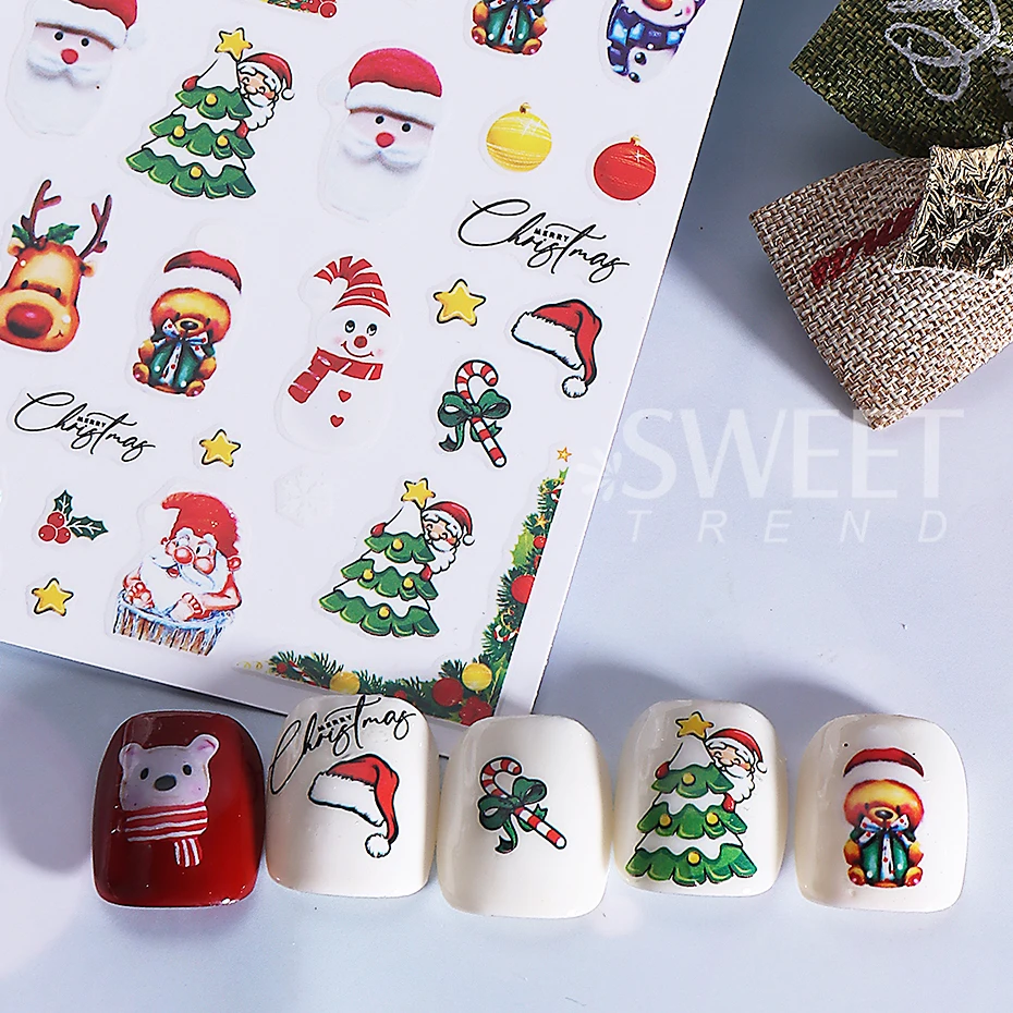 5pcs Christmas Nail Stickers 3D Cartoon Santa Claus Snowman Elk Xmas Tree Nail Slider Decals DIY Winter Gift Manicure Decoration