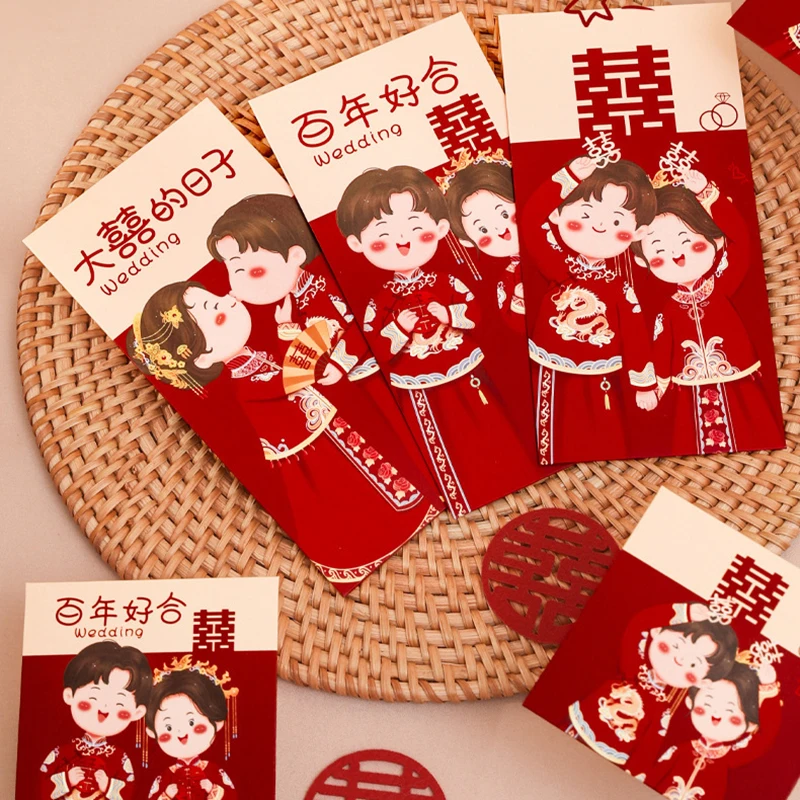 Envelope vermelho chinês tradicional para casamento, saco de dinheiro da sorte para bênção, vermelho grande alegre, bênção recém-casada, 6 unid