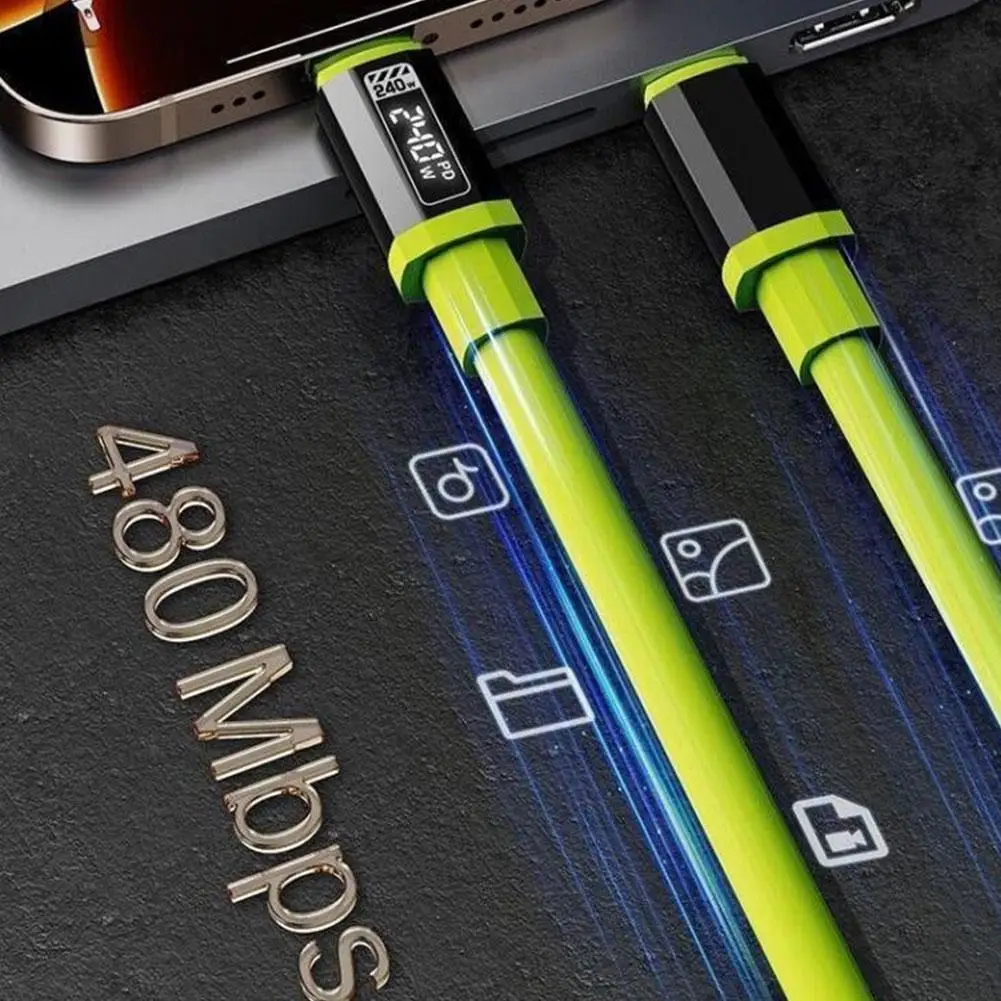 2M 240W 두꺼운 액체 실리콘 데이터 케이블 스마트 플래시 충전 고출력 고속 충전 USB Type-C 휴대폰 충전 케이블