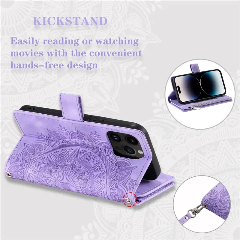 Luxurious Crossbody Leather Flip Case with Lanyard and Zipper Wallet Card Holder