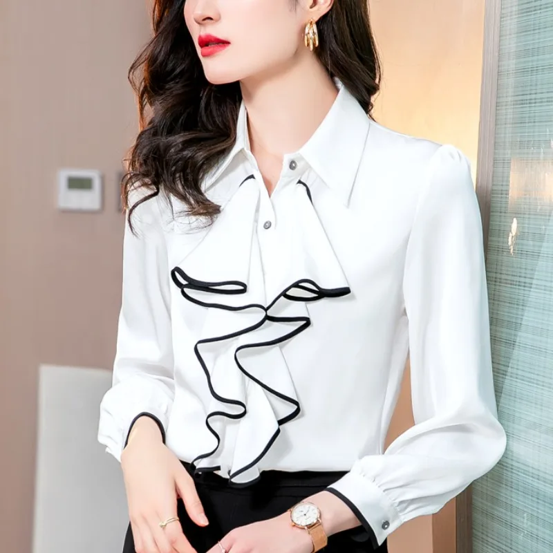 Satin Elegant Formal Tops Ladies Satin Shirt Blouse Tops Long