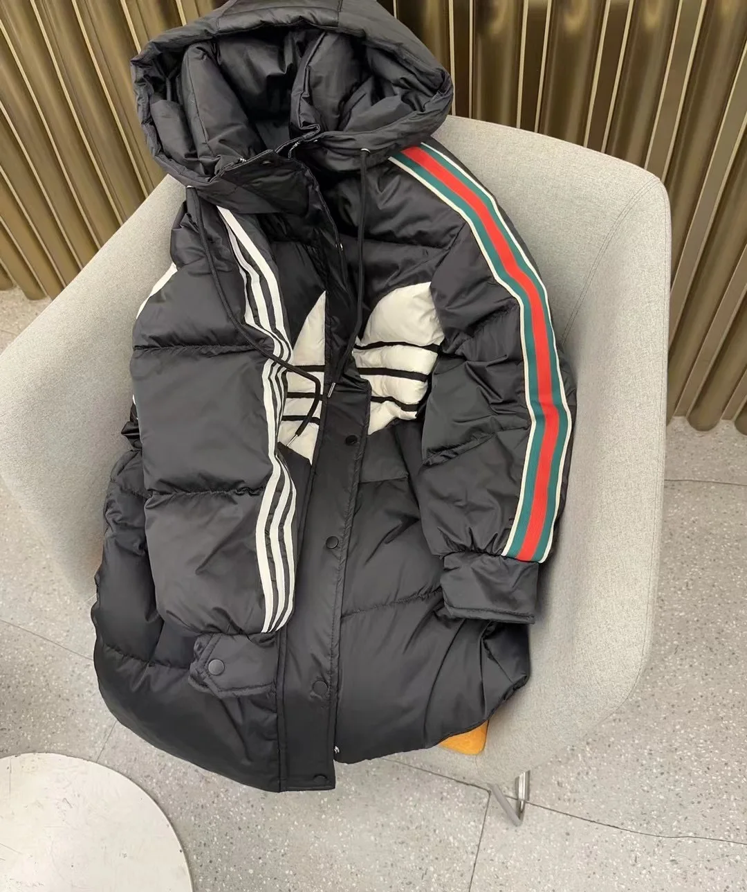 Contrast Striped Patchwork Hooded Down Jacket for Women's Winter New Fashion Mid Length Knee  White Duck Down Jacket