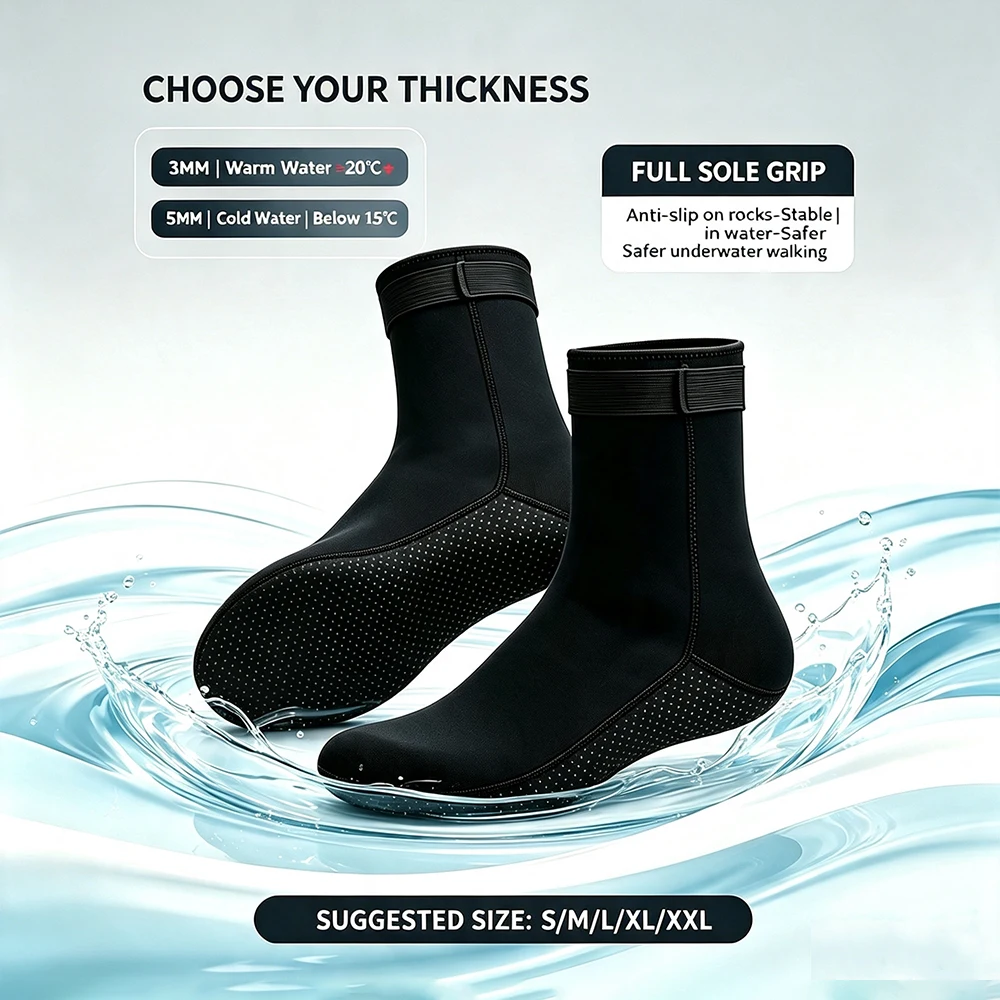 3mm Neoprene Non-Slip Water Sports Socks - Warm Beach and Swim Booties for Surf, Snorkeling, and Diving