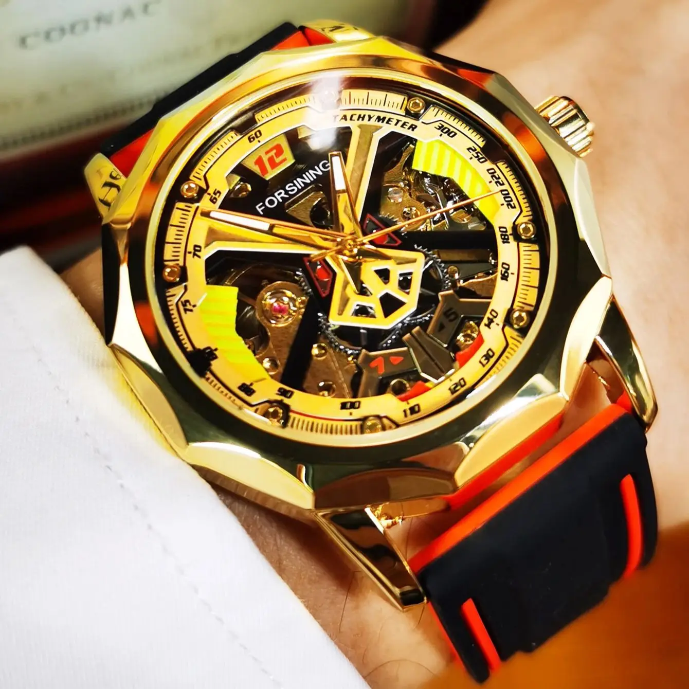 FORSINING F980 Orologio Meccanico Completamente Automatico Da Uomo Con Cinturino In Acciaio Settimanale Luminoso A Tre Occhi E Sei Colpi Cintura Nera