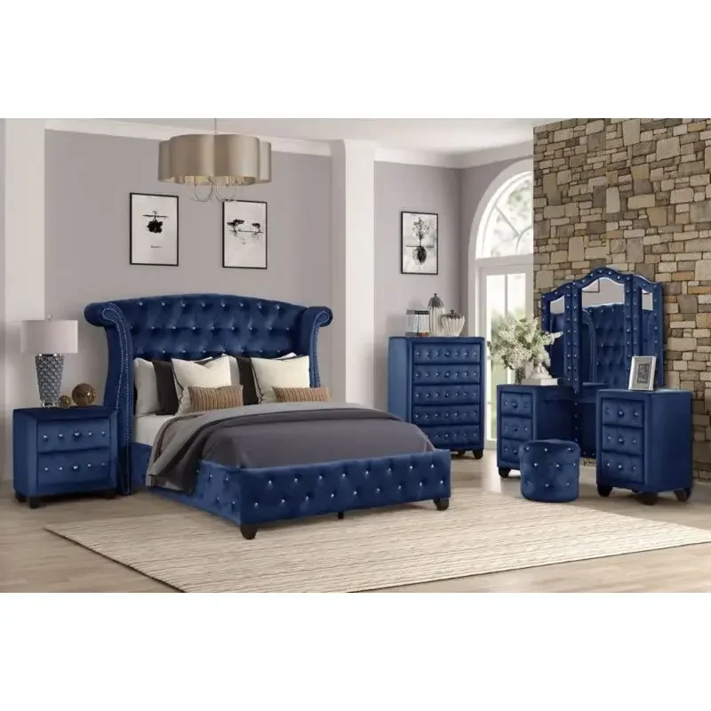 

King Vanity 4 Piece Blue including: King Bed+1 Nightstand+Vanity Set