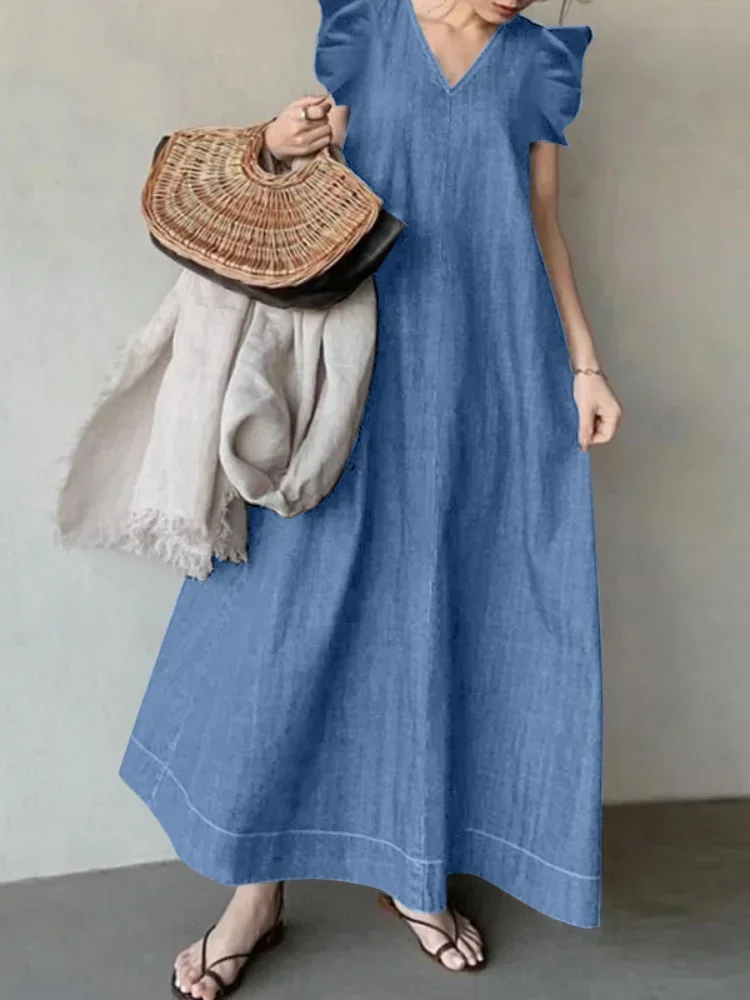 

Dress for Women V-neck Flying Sleeve Solid Color Loose Waist Summer Dress Fashion Comfortable Leisure Streetwear Women Clothing