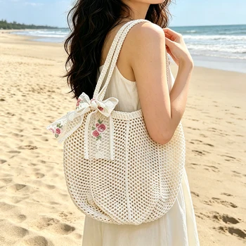 Women Knitting Shoulder Bag Hollow Out Aesthetic Hobo Bag Large Capacity Knitted Tote Handbag Female Outdoor Bag