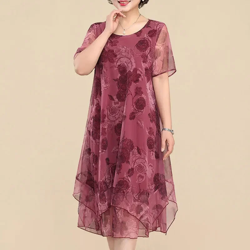 

2023 O-Neck Short Sleeve Dresses Vintage Floral Printed Gauze Spliced Women's Clothing Stylish Irregular Loose Midi Dress ZL306