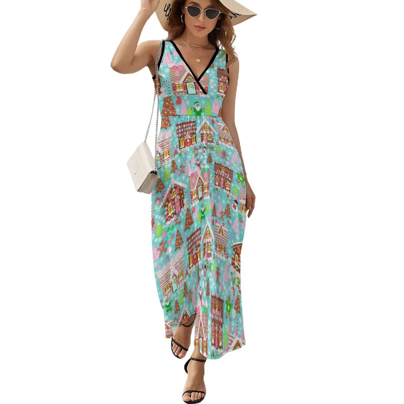 Christmas Gingerbread House, Holiday Village Sleeveless Dress elegant chic women dresses promotion festival outfit women