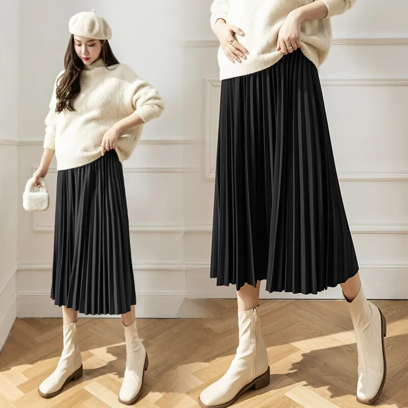 Pregnant Women Skirt F71910# Maternity Skirt Easy Matching Pleated Design High Waist Slim Mid-Long Pregnancy Skirt