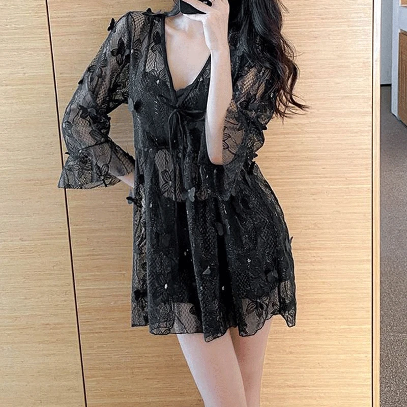 2023 New Women's Clothing Summer Long Sleeve Conservative Korean Version Sexy Slimming Thin Solid Color Bikini Three Piece Set