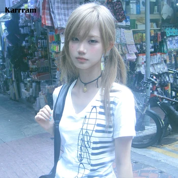 Karrram Japanese Y2k Piano Key Print T-shirt Vintage Harajuku V-neck Tops Trashy 2000s Style Short Sleeve T Shirt American Retro 1