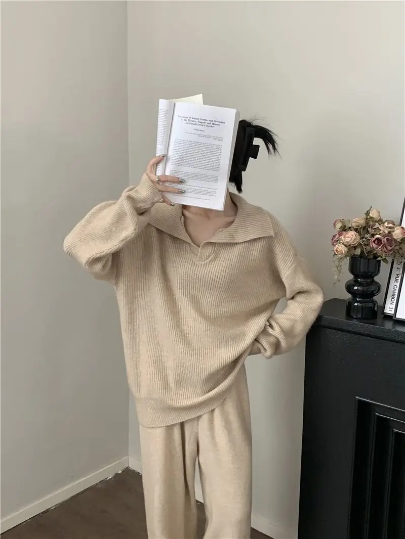 Conjunto de dos piezas de punto para mujer, jersey de solapa, pantalones largos, moda coreana, ropa informal para mujer, prendas de punto nuevas