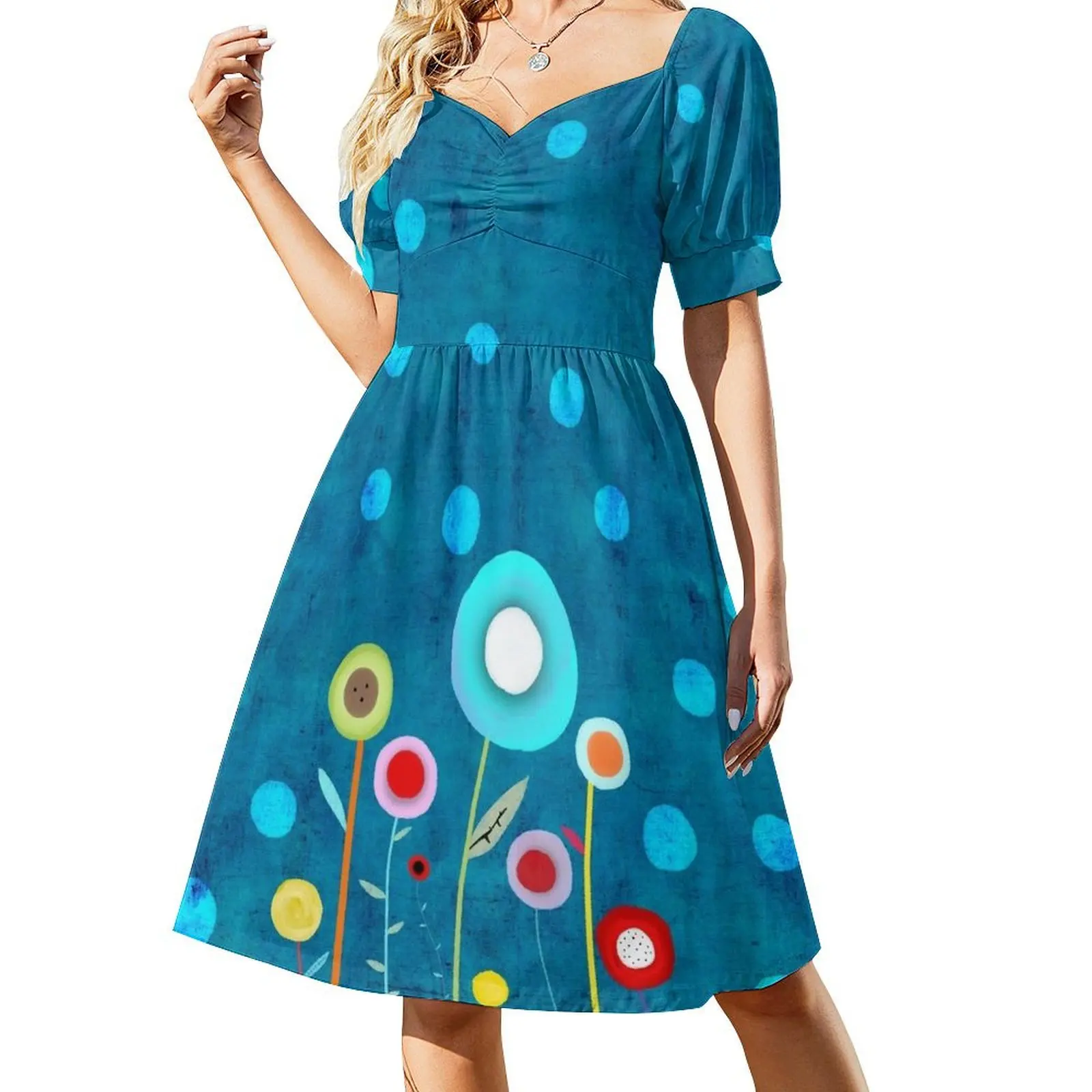 thumbnail image 1 of Vestido de lunares turquesa de manga corta vestidos de playa vestidos para eventos especiales Vestido, 1 of 7