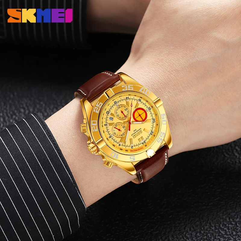 SKMEI Genuine Men's Stone Watch Gold Surface Silver Surface Gold Surface Date Stopwatch Chronograph Quality Belt Strap Top 9322