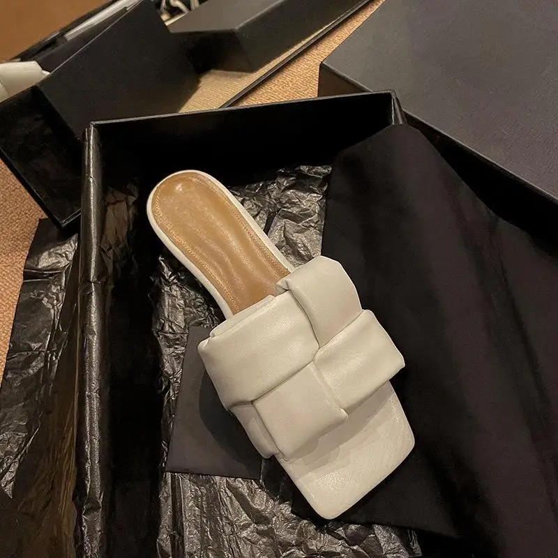 French square toe woven sheepskin slippers with flat bottoms and mesh red slippers for women's summer new external wear sandals