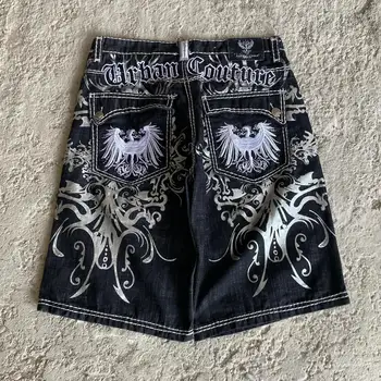 American Retro Gothic Men Denim Shorts Pattern Embroidery Loose Unisex Shorts Korean Casual Fashion Shorts 1