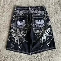 American Retro Gothic Men Denim Shorts Pattern Embroidery Loose Unisex Shorts Y2K Printing Korean Casual Fashion Couple Shorts 1