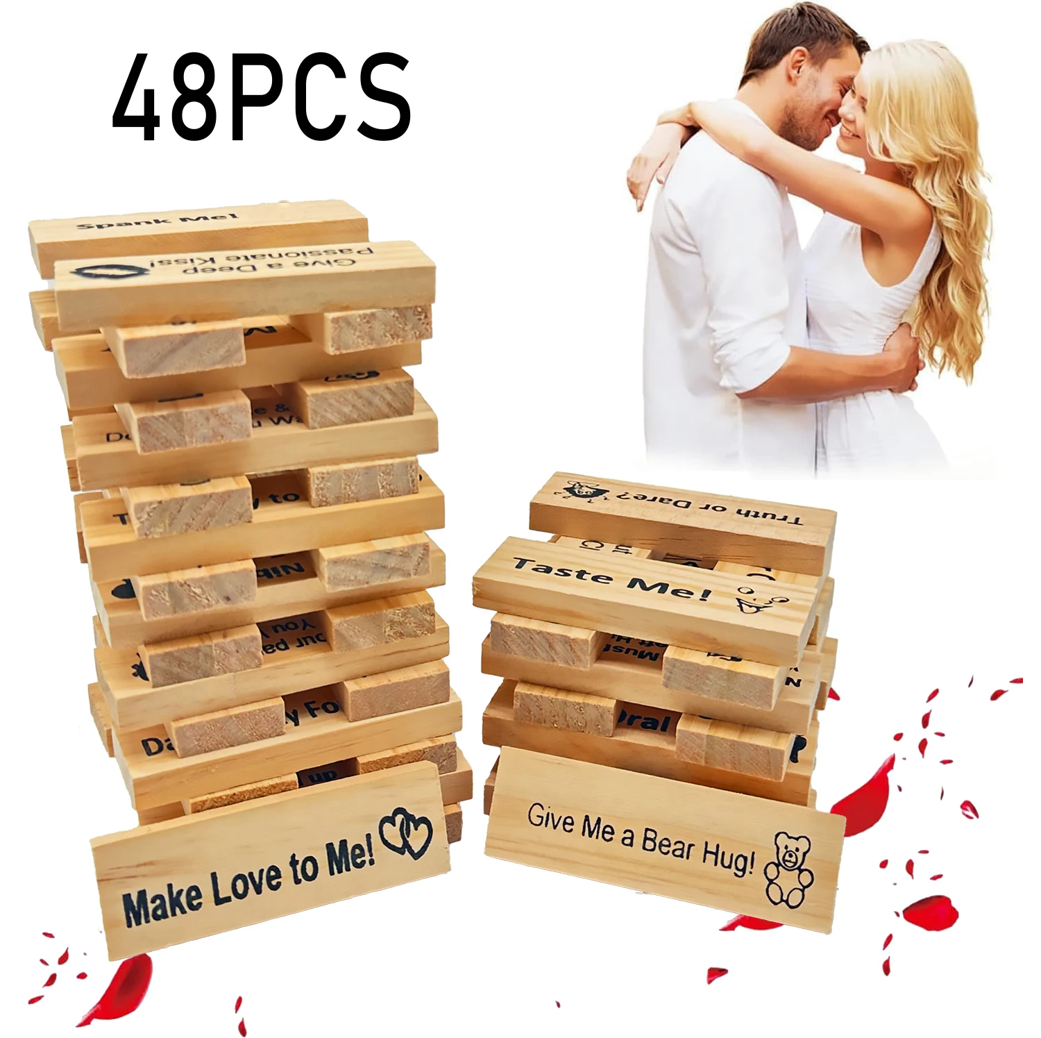 48 Piece Deluxe Naughty Wooden Tower Game Classic Stackable Fun for Couples Date Nights Valentines and Adult Party Games