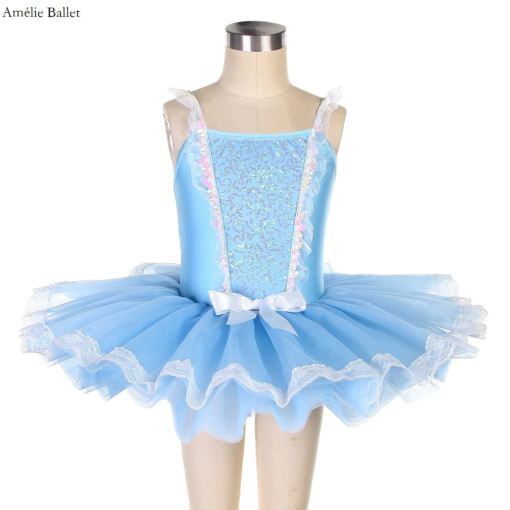 

14061 Sky Blue Spandex Leotard Bodice with Soft Tulle Ballet Skirt for Girls Dance Competition Short Ballet Tutu Skirt