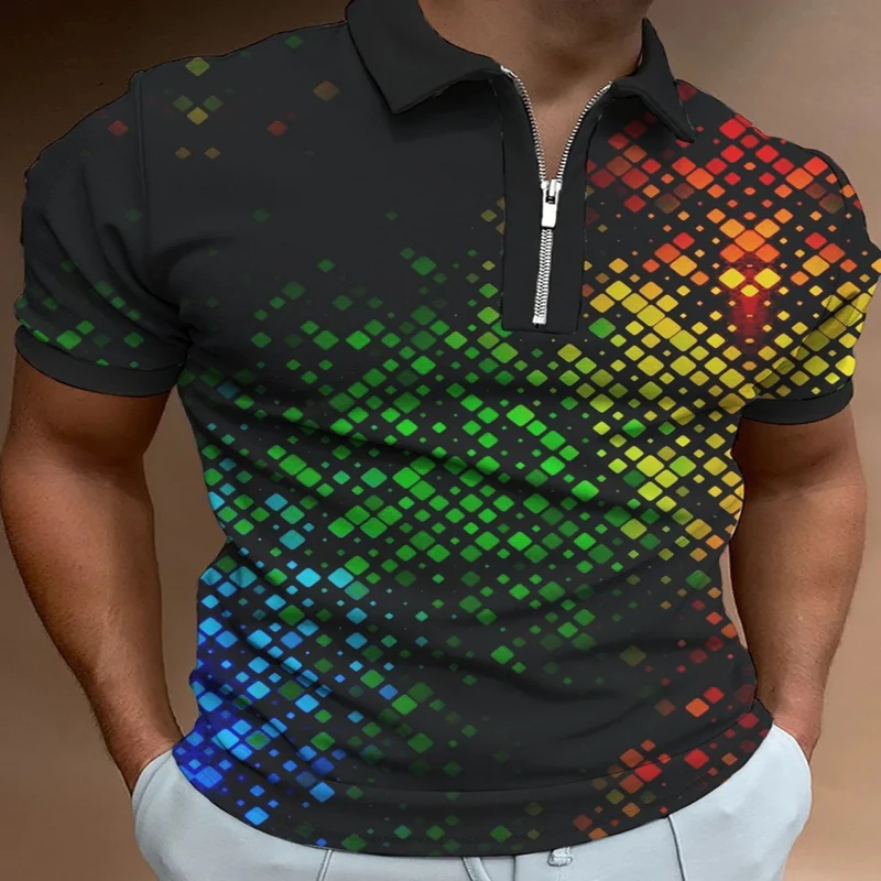 

Colorful Plaid 3D Print Polo Zipper Short Sleeve Shirt for Men