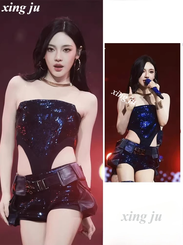 Xing Ju Korean Singer Concert Costume Black Sequined Strapless ...