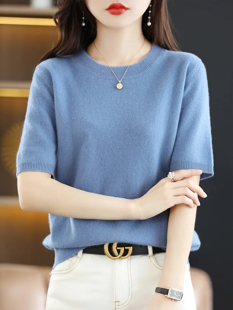 Short Sleeves Women's Sweater O-neck Bottoming Shirts Solid Spring Summer Korean Fashion Sweater Knit Top Casual Basic Pullovers 5