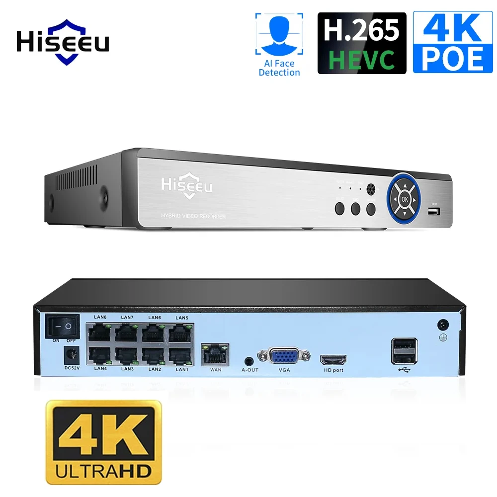 Network video recorder Hiseeu 4K 8CH/16CH POE NVR Onvif H.265 Surveillance Security Video Recorder Face Detection NVR 1080P 3MP 4MP 5MP 8MP POE IP