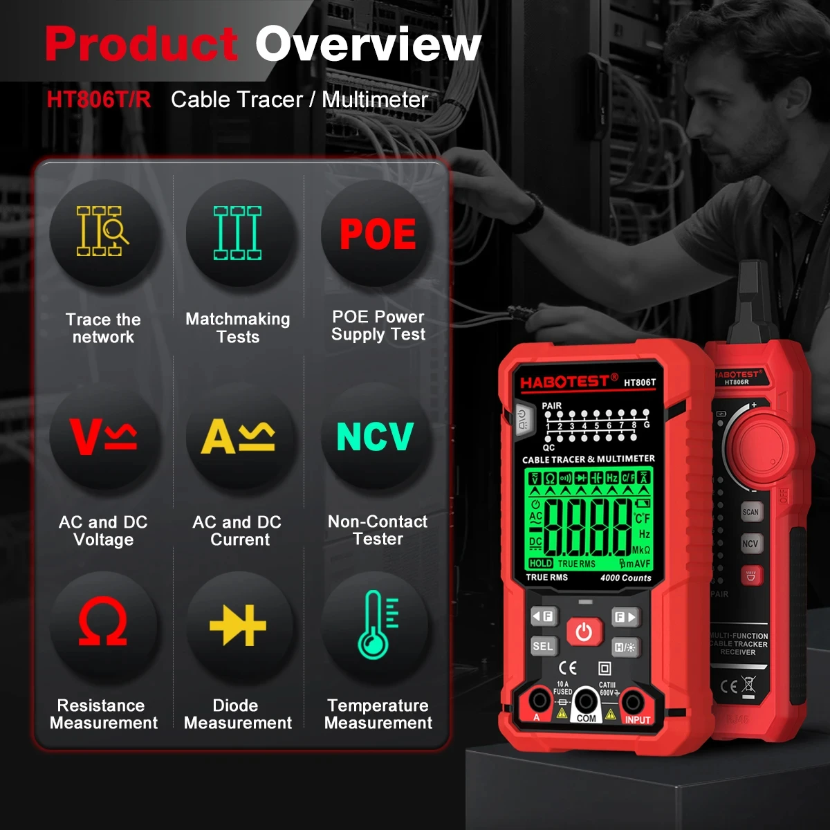 HABOTEST HT806TR 멀티미터 라인 파인더 2-in-1 네트워크 테스팅 지능형 디지털 고정밀 안티버닝 범용 미터