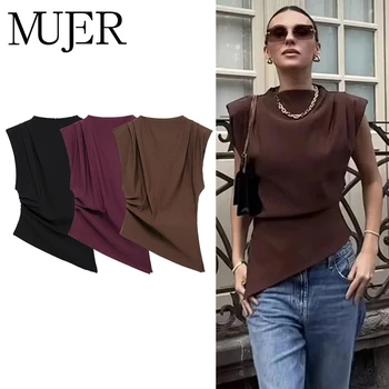 MUJER Asymmetric Tank Top Female Ruched Sleeveless Tops for Women High Neck Strapless Top Women Fashion Aesthetic Tops Woman 1