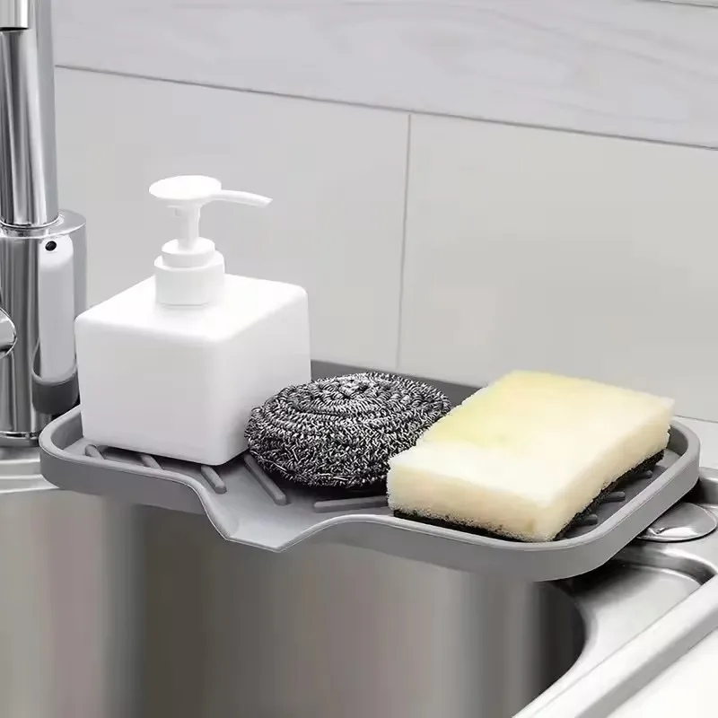 Silicone Sink Mat & Storage Tray - Multi-Function Faucet Drying Rack with Soap Dispenser & Sponge Holder, Splash-Proof Design