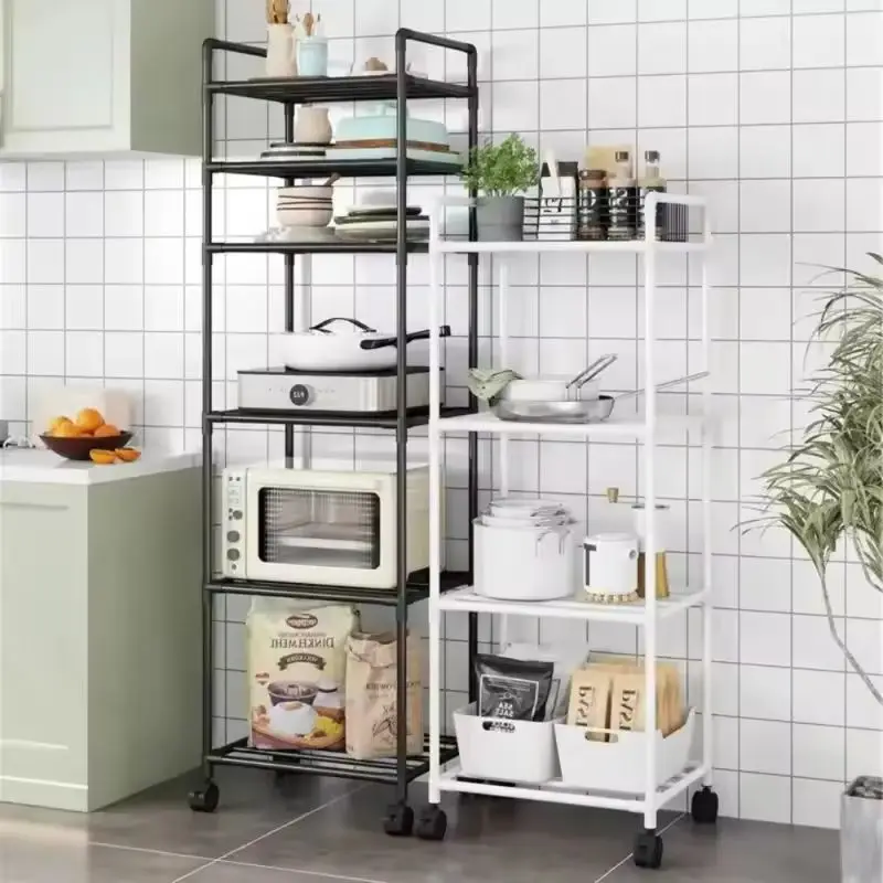 Floor-Standing Multi Layer Storage Rack Shelf Storage Rack Rolling Storage Cart with Pulley Trolley Bathroom Kitchen Microwave Storage Rack Kitchen Accessories
