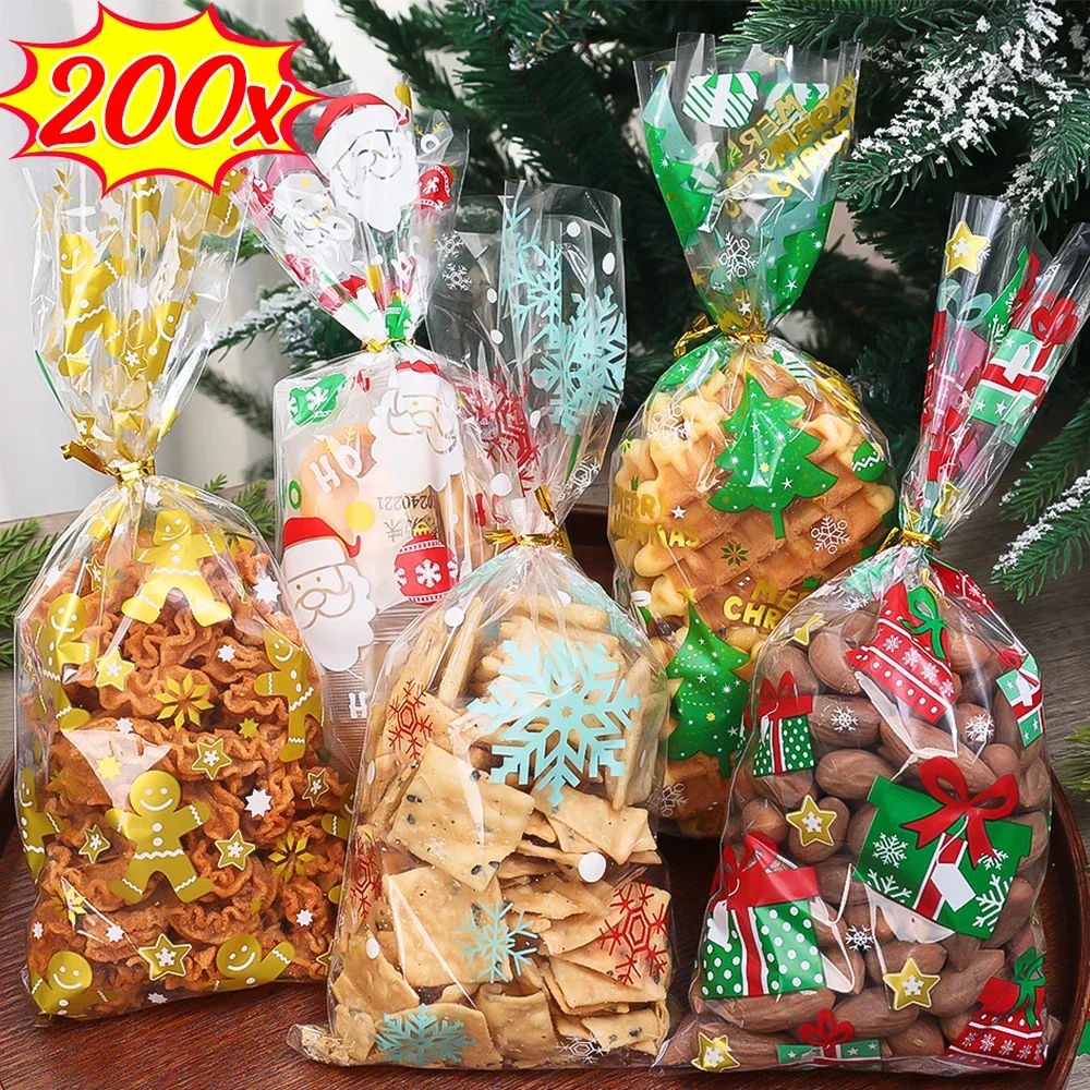 200/50 stücke Weihnachten Geschenk Taschen Transparent Santa Claus Weihnachten Baum Backen Süßigkeiten Cookie Verpackung Tasche Neue Jahr Kinder Party liefert