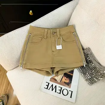 Khaki Zipper Design High Waist Denim Skirt Shorts Summer New Spice Girl Cargo Skirt Women