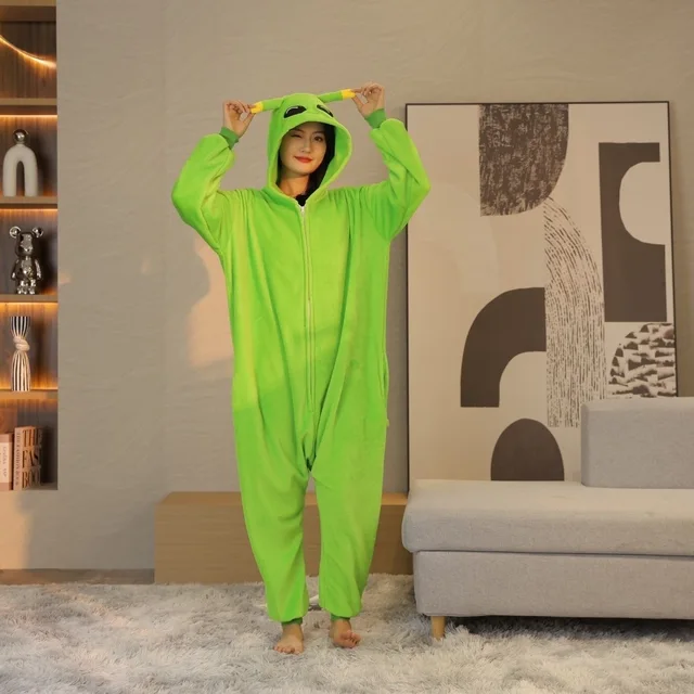 Unisex Alien Onesie Cosplay Pajamas Halloween Costume Winter Adults Kigurumi Unicorn Animal Sleepwear Green Flannel Nightwear 4