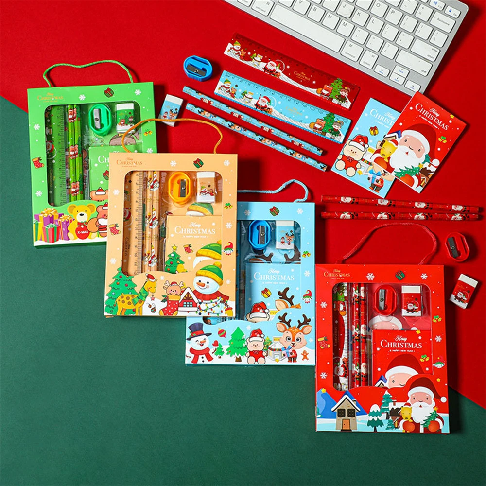 6Pcs/Set Christmas Stationery Set Ruler Pencil Eraser Pencil Knife Notepad Kit Student Supply Xmas Gifts