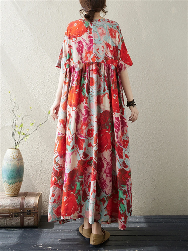 2025 Summer Cotton Vintage Casual Loose Print Red Dresses For Women Short Sleeve Dress Femme Robe Vestidos Elegant Long Clothing