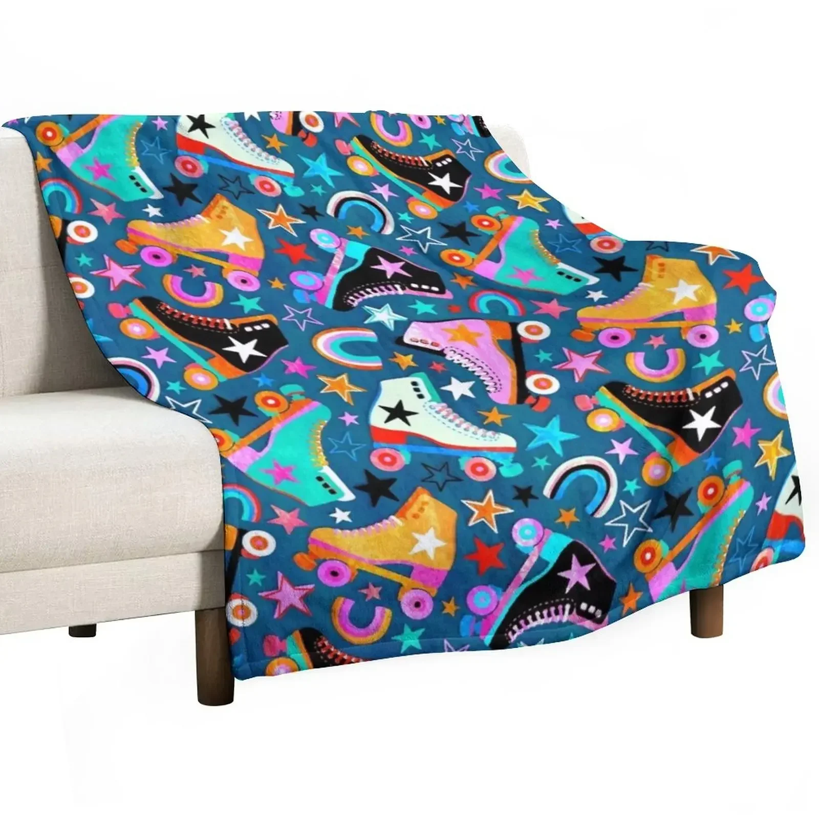 

Retro Rainbow Roller Skates and Stars Throw Blanket Beautifuls sofa bed Moving Furry Blankets