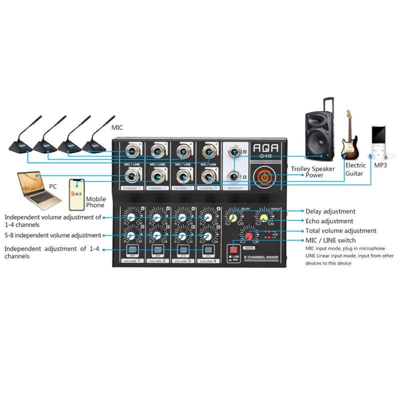 TEYUN Q-48 충전식 전문 휴대용 믹서, 사운드 믹싱 테이블, 일렉트릭 기타, 컴퓨터 DJ 인증, 8 채널