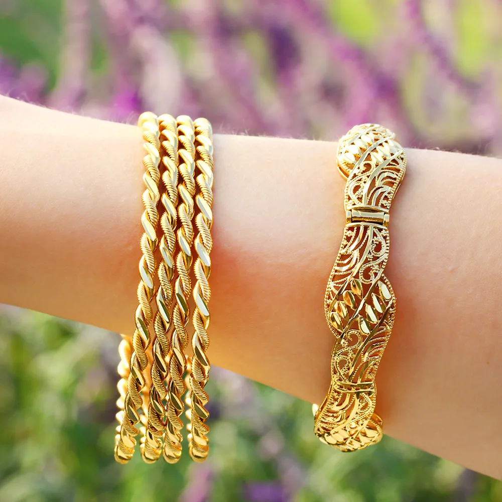 Metal Bracelet 4pcs/set Gold Color Jewelry Muslim Turkish Bangles Ethiopian African Women Dubai Bracelet Party Wedding Gifts