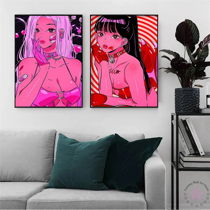 Ins Japanese Cartoon Sweet Sexy Girl Poster Kawaii Room Decorative Anime Figure Canvas Painting Wall Art Picture for Home Decor