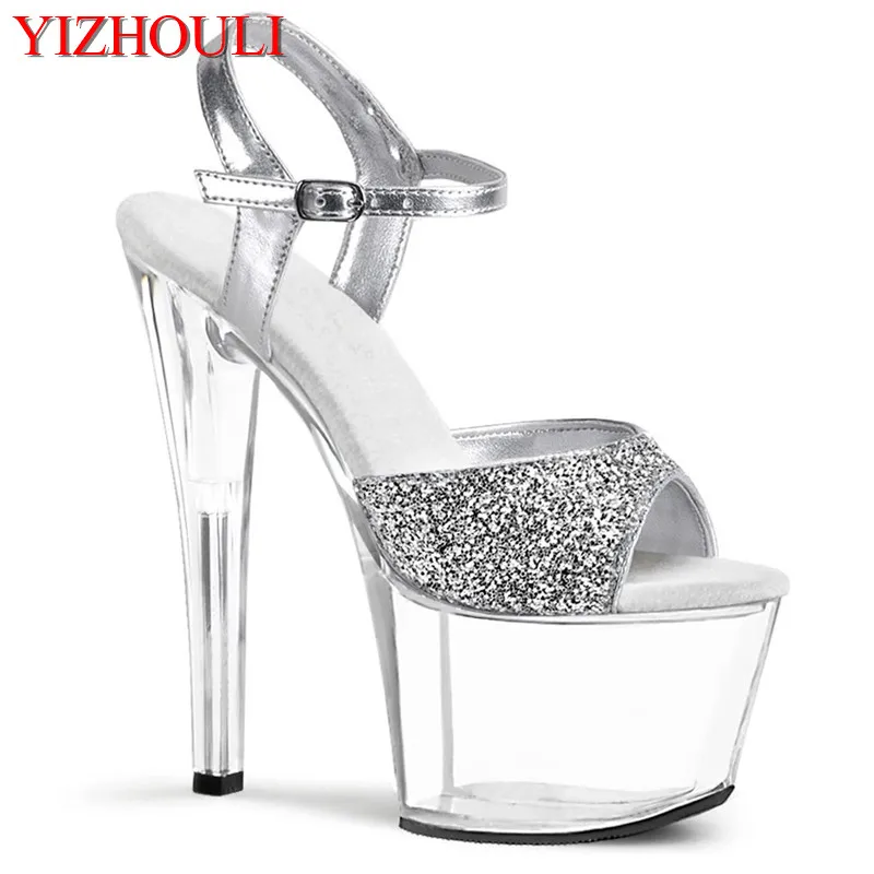 

7 inch stiletto with open toes, summer women's 17 cm stiletto sandals, silver sequined vamp stage party dance shoes