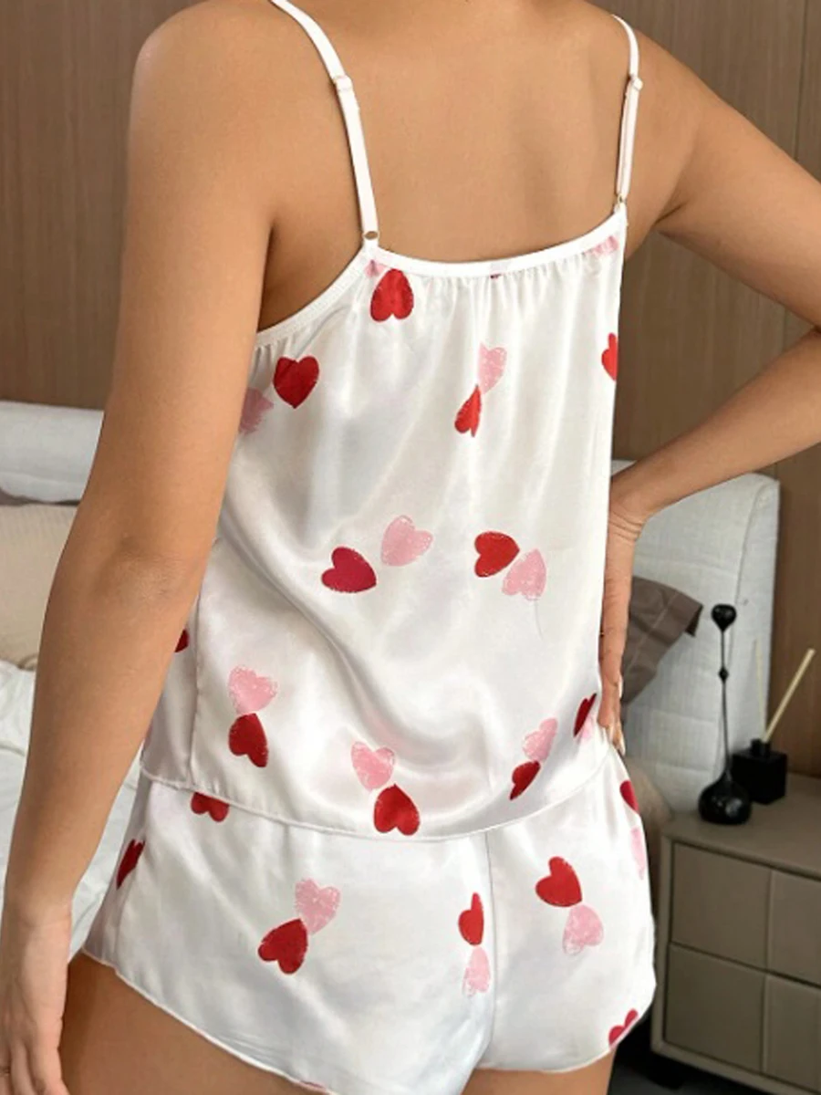 

Women s Satin Pajama Set Sleeveless Heart Print Crop Cami Tops Shorts Pj Set Sleepwear 2 Piece Lounge Sets