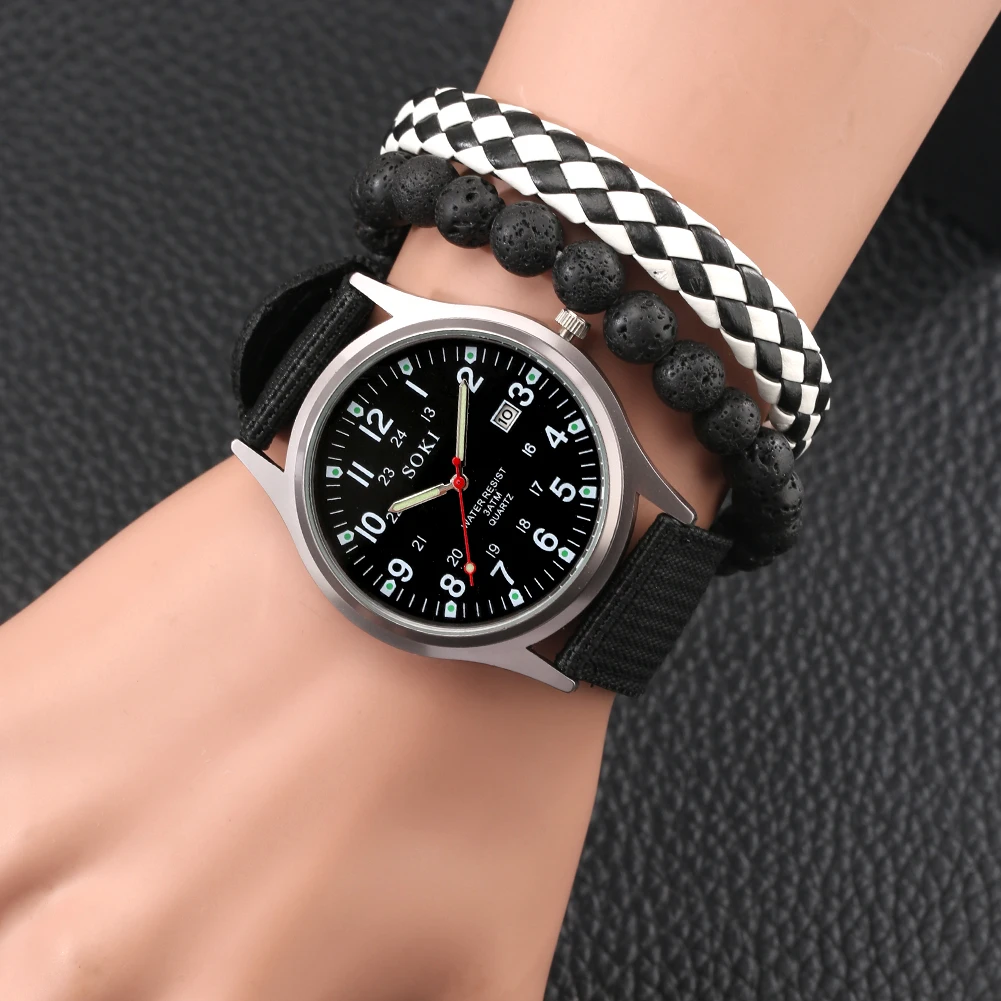 Stylish Watch Man Unique Bracelets Watch Gift Set Nylon Quartz Calendar Wristwatch Adjustable Bracelet Set Box Chic Souvenir