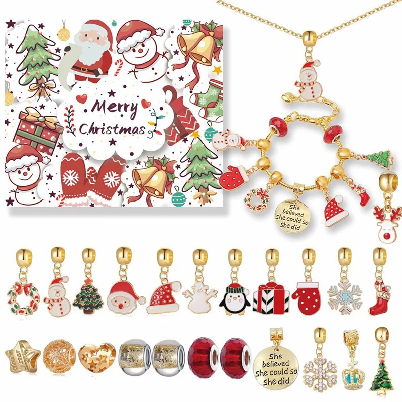 

Christmas Advent Calendar Girls Christmas 24 Days Countdown Calendar DIY Charm Bracelet Blind Box, 22 Charm Beads Easy To Use A